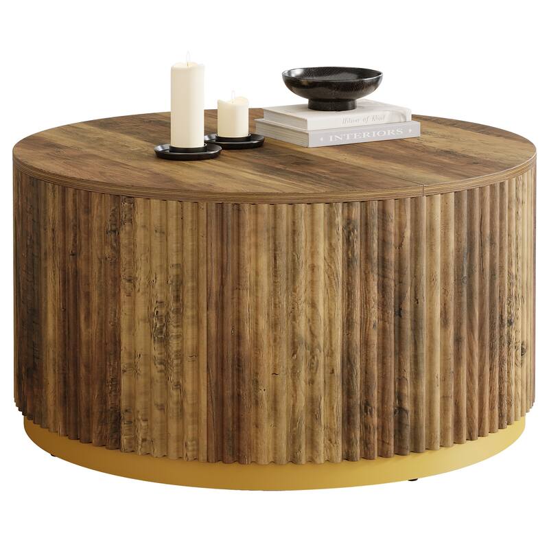 Round Coffee Table, Fluted Wooden Center Table, Mid Century Modern Table for Living Room or Office