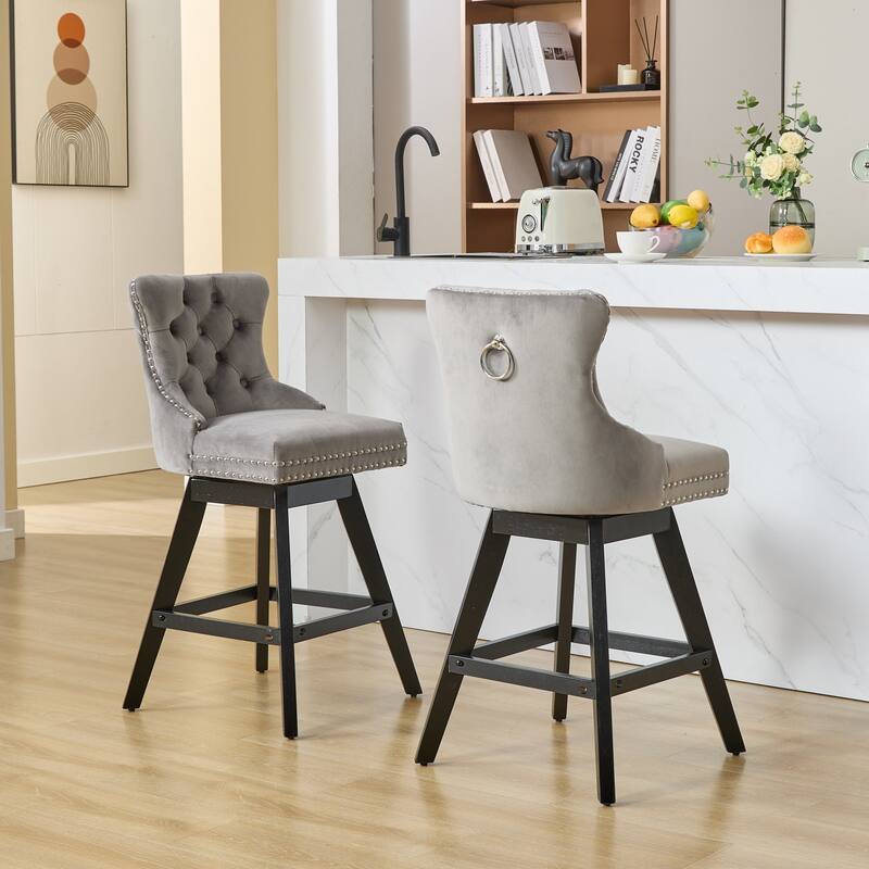 Swivel Bar Stools Set of 2, Velvet Counter Height Barstools with Wooden Legs, Kitchen Island Chairs with Button Backrest