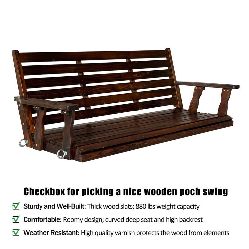 Wooden Porch Swing with Hanging Chains and 7mm Springs for Outdoor Patio Garden Yard