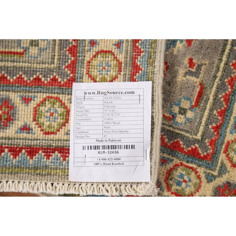 Geometric Kazak Oriental Foyer Rug Hand-Knotted Grey Wool Carpet - 2'0" x 3'0"