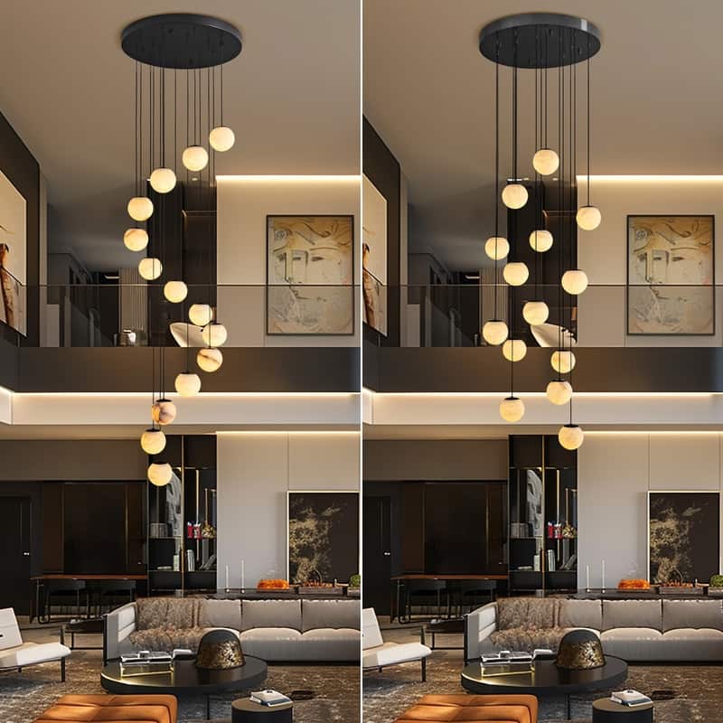 KAYLA Luxury 14-Light Alabaster Globe Chandelier in Vintage Copper Finish, Grand Pendant Light for Stairwells or Foyers - 138in