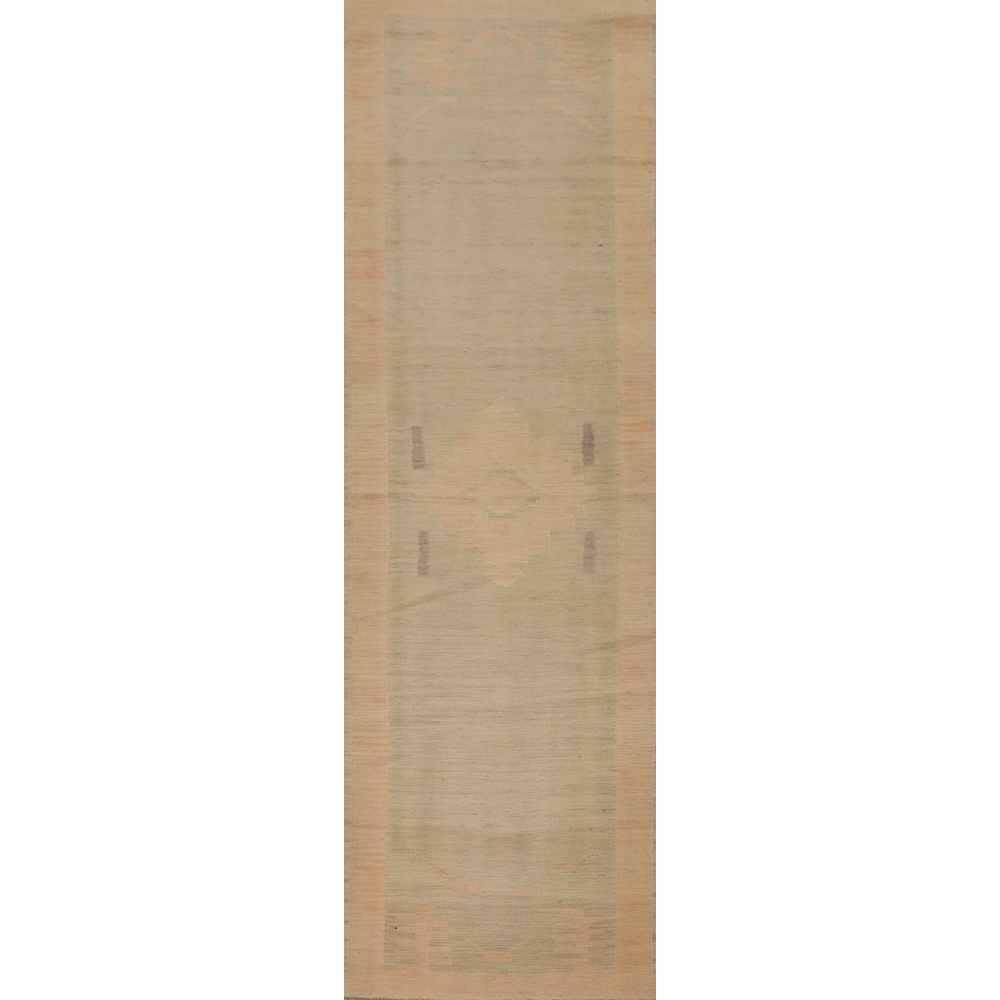 Hand Woven Oriental 100% Wool Carpet Southwestern Tribal Beige & Ivories Kilim Runner Rug - 10' 0'' X 2' 6''