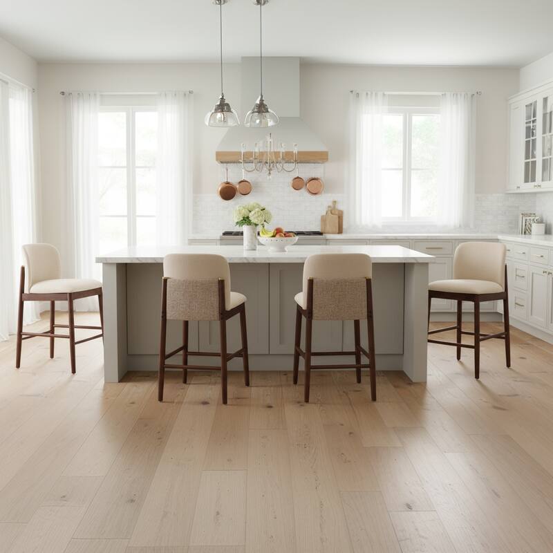 Christopher Knight Home - Lois Modern Upholstered Solid Rubberwood Counter Stool Set - Bar Chairs with Ergonomic Backrest - Set of 4 - Dark Walnut Finish+Beige