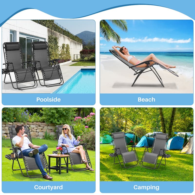 Set of 2 Zero Gravity Recliner Lounge Chairs with Cup Holders, Folding Patio Camping Beach Chairs for Outdoor Relaxation