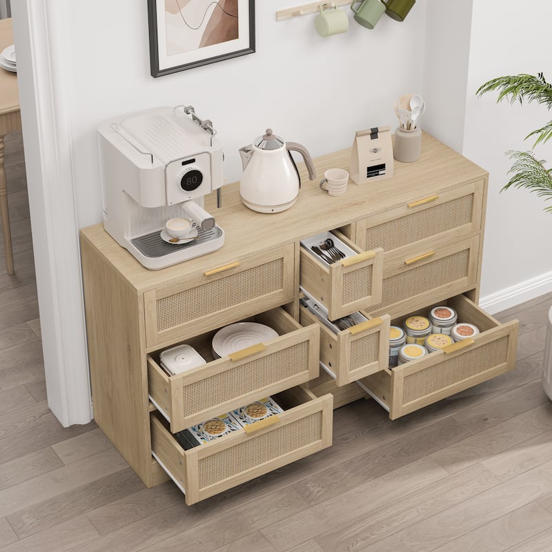Boho Rattan Dresser Chest of Drawers, 9 Drawers Storage Cabinet Accent Chest Console Table for Living Room Bedroom
