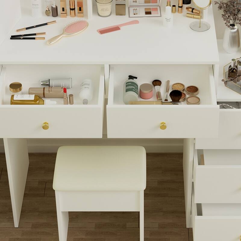 White Makeup Vanity Desk with LED Mirror 3 Lighting Options Multi-Storage Drawers Included Stool - 52.4”H