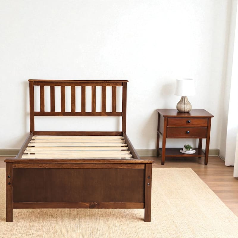 Twin Size Wood Platform Bed with Headboard, Footboard, Solid Slats Support and Classic Frame