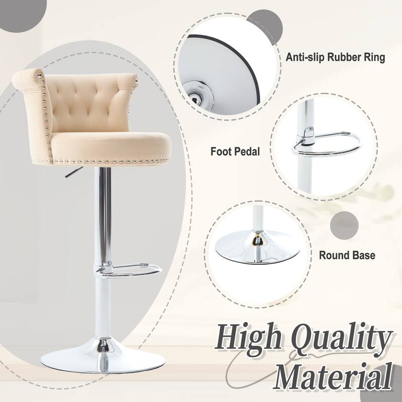 Adjustable Velvet Swivel Bar Stools with Metal Leg (Set of 2)