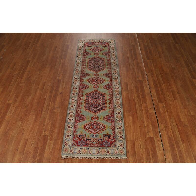 Green Geometric Viss Indian Runner Rug Hand-Knotted Wool Carpet - 2'6"x 7'11"
