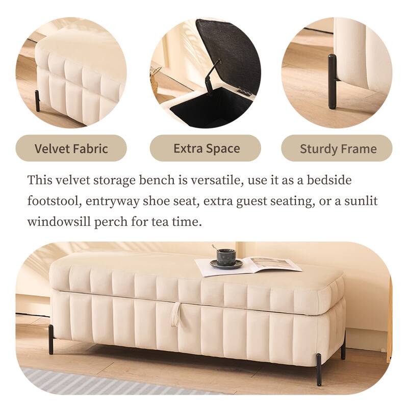 Velvet Storage Bed Bench with Hidden Compartment, Black Legs, 275LB