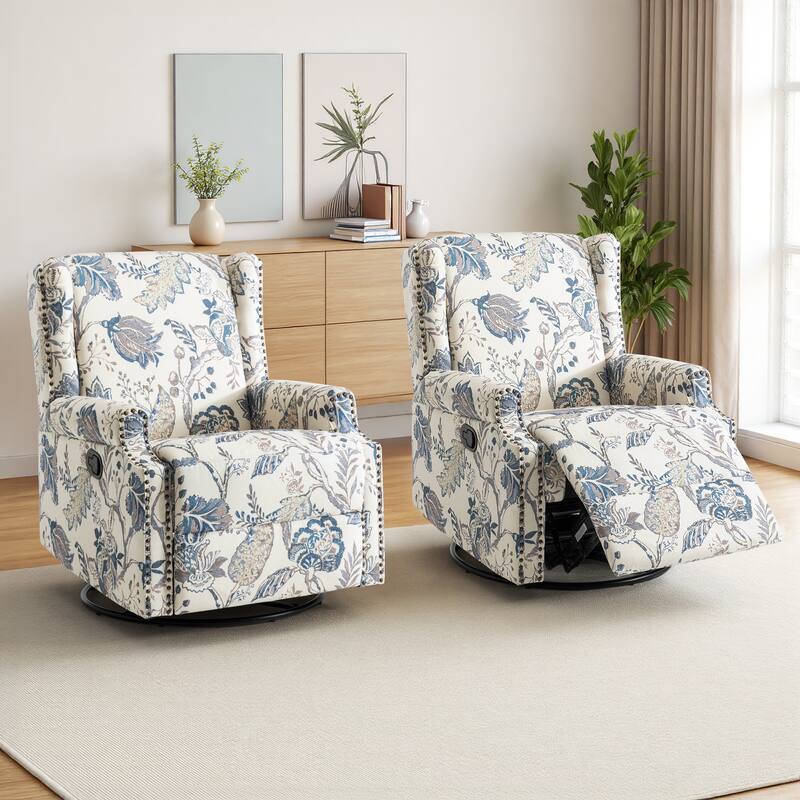 UIXE 2 Set Roderich Farmhouse Floral Print Swivel Rocker Push Back Recliner - Plants Blue