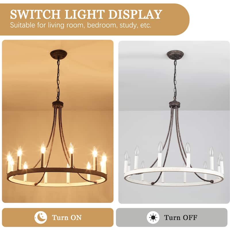 12-light Rustic Farmhouse Wagon Wheel Chandelier Candle Dining Room Lighting - N/A
