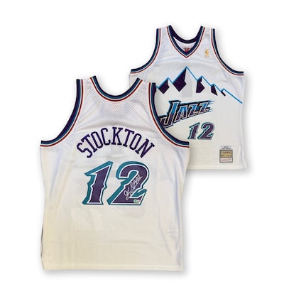 John Stockton Autographed Utah Jazz Mitchell & Ness White Swingman Signed Basketball Jersey Beckett COA XXL - 8'6" x 11'6"