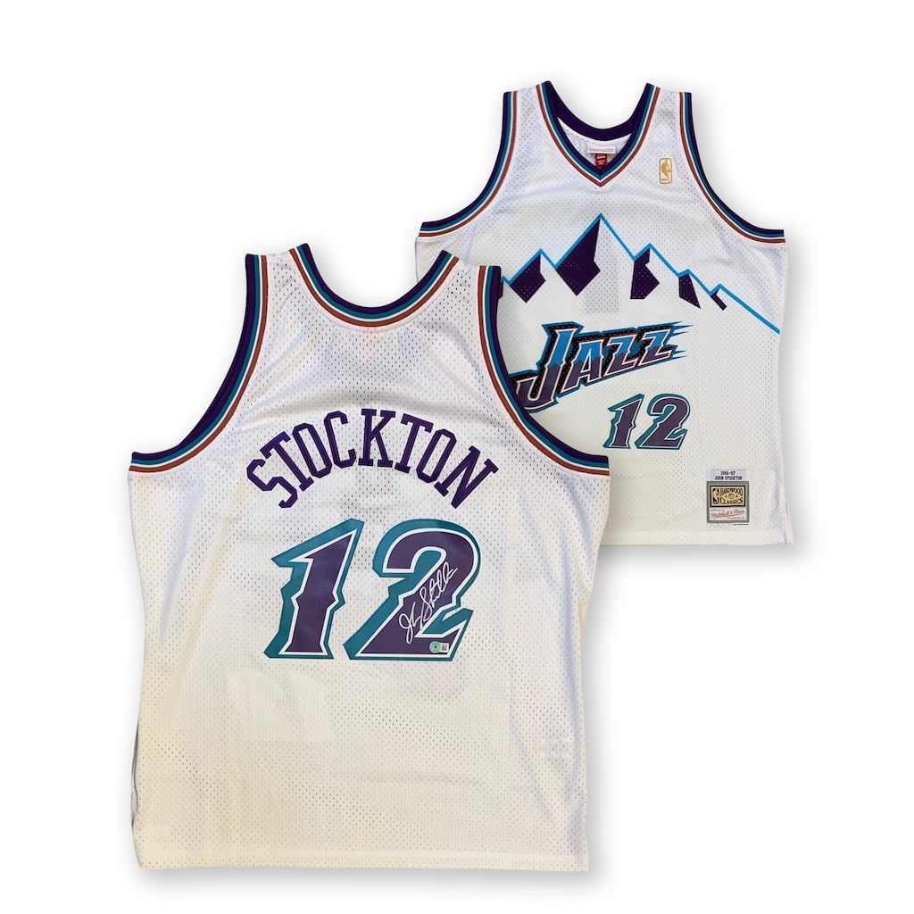 John Stockton Autographed Utah Jazz Mitchell & Ness White Swingman Signed Basketball Jersey Beckett COA XXL - 8'6" x 11'6"