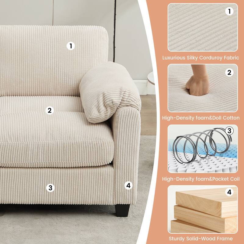 Multi-Seater Corduroy Sectional Sofa, Modular Settee, Included Removable Ottomans