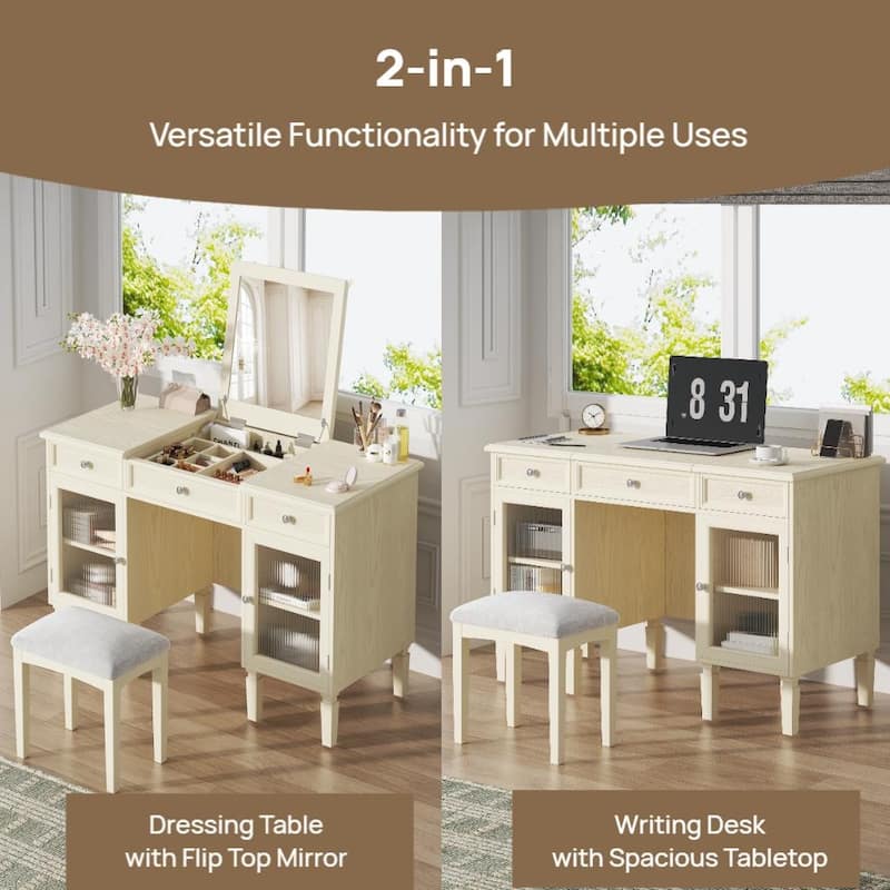 2-in-1 3-Drawer Makeup Vanity Desk with Flip-Top Mirror and Cabinet
