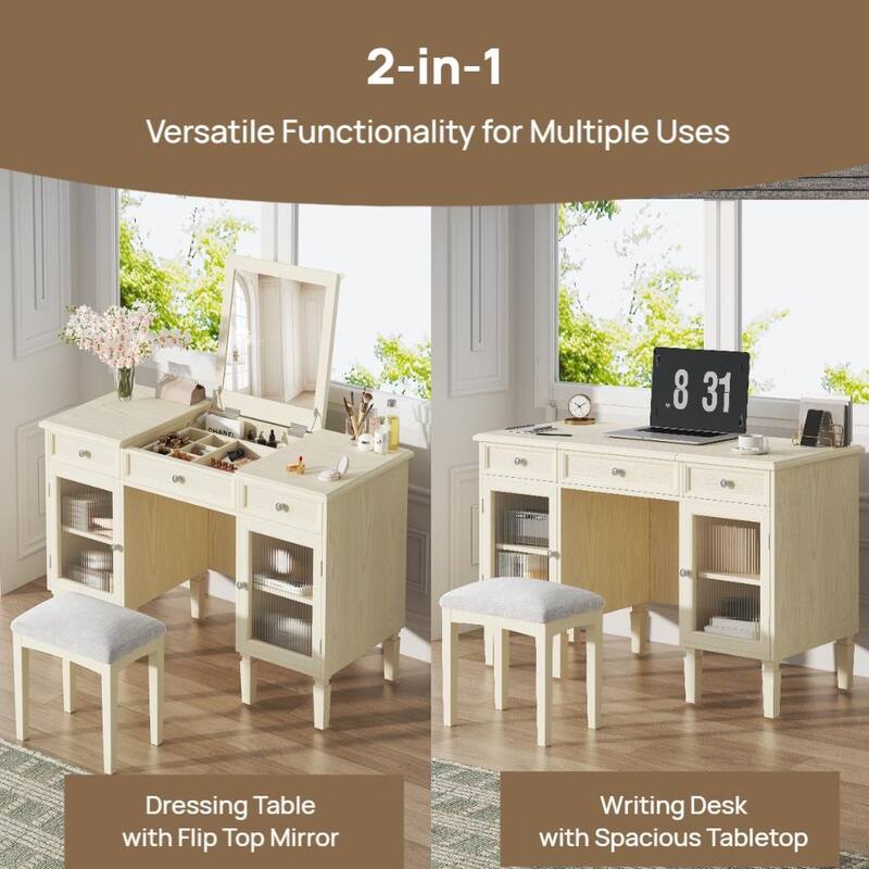 2-in-1 Makeup Vanity Writing Desk with Hidden Fold-Down Mirror & Cabinet, Computer Workstation Dressing Table Set with Stool