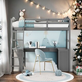 Twin size Loft Bed with Drawers, Cabinet, Shelves and Desk, Grey