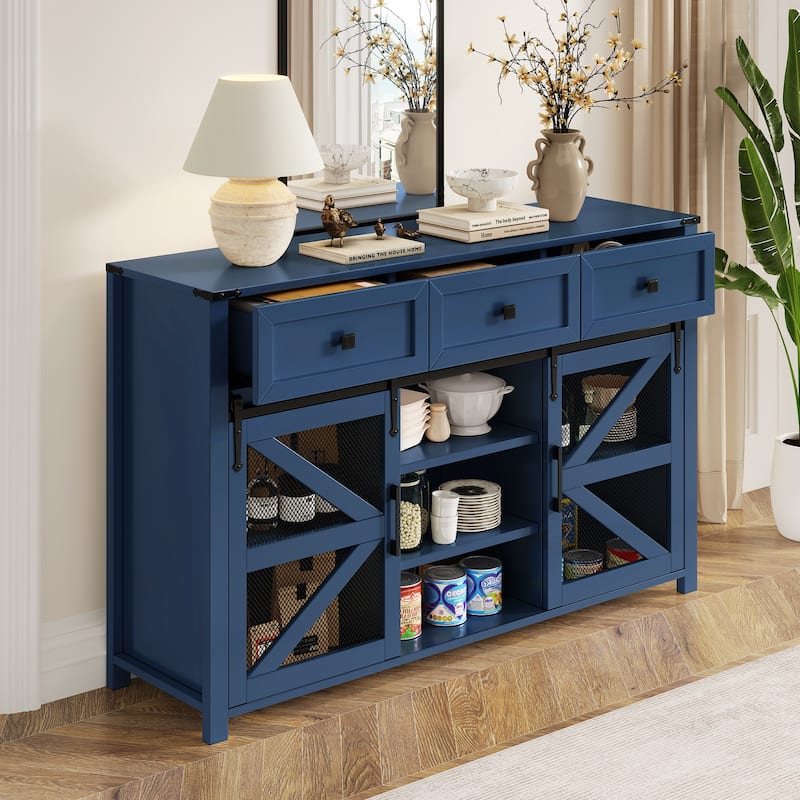55" Sliding Barn Door Sideboard Cabinet with 3 Drawers and Adjustable Shelves - Blue