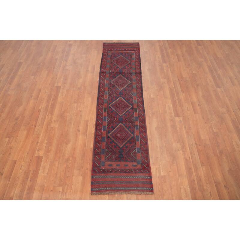 Hand Knotted Oriental 100% Wool Carpet Traditional Tribal Navy Blue & Blues Balouch Runner Rug - 7' 10'' X 1' 11''
