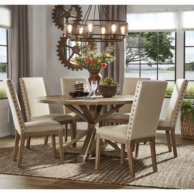 Benchwright Rustic X-Base Round Pine Wood Dining Set with Nail Head Chairs by iNSPIRE Q Artisan - 7-Piece Set - Beige