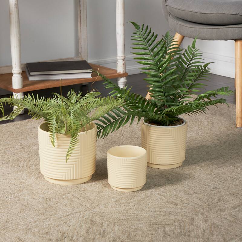 Pink or Gray Geometric Planter with Layered Square Shaped Grooves (Set of 3) - Cream