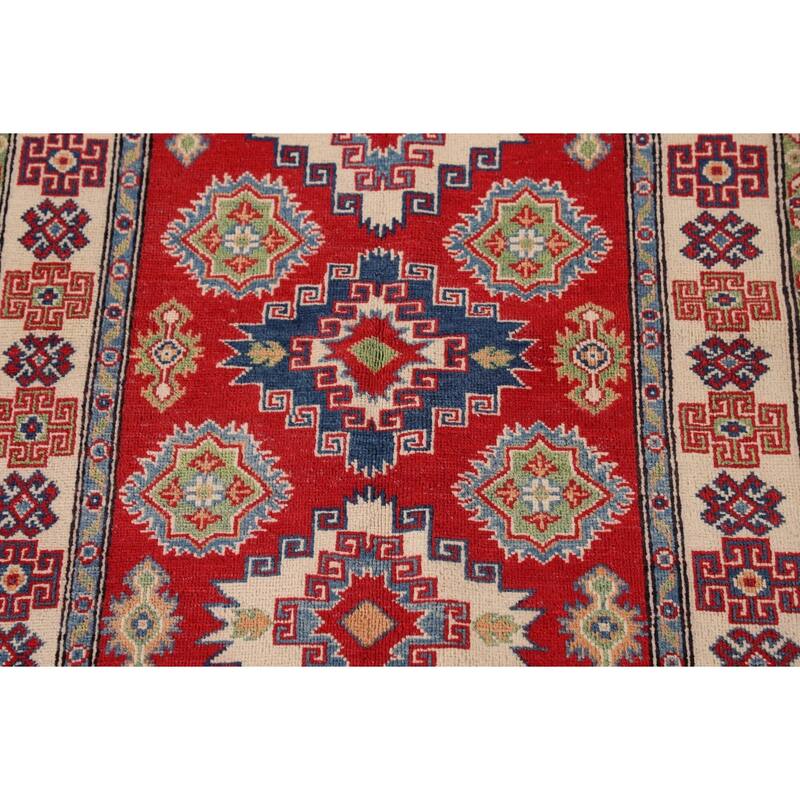 Geometric Kazak Oriental Accent Rug Handmade Red Wool Carpet - 3'3"x 5'0"