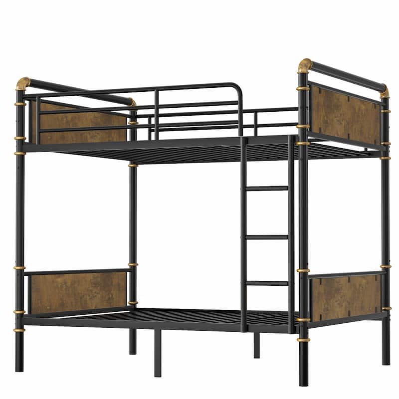 Convertible Twin XL Metal Bunk Bed with Ladder, Guardrails, and Rustic Wood Accents