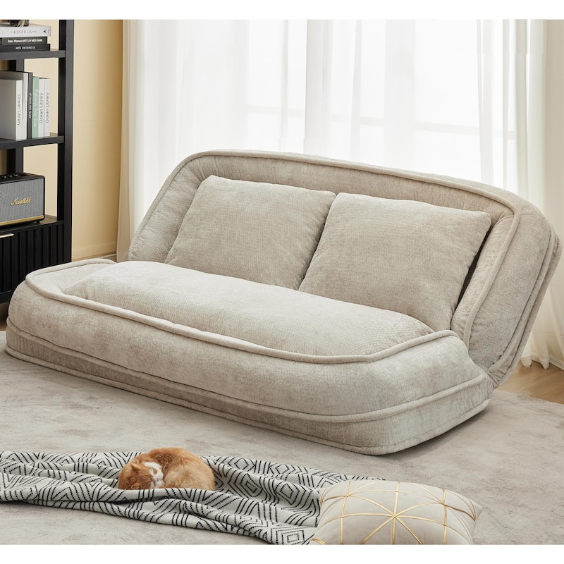 Pet Friendly Lazy Loveseat Sofa 2-in-1 Chenille Floor Couch Double Human Sleeper Bed with 5 Adjustable Position, Plump Pillows