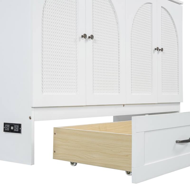 Modern Queen Murphy Bed with Storage Drawers & USB Port, Stylish Rattan Finish for Apartments or Multifunctional Rooms