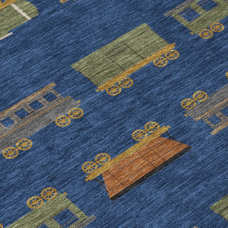 Machine Washable Indoor/ Outdoor Modern Train Chantille Rug