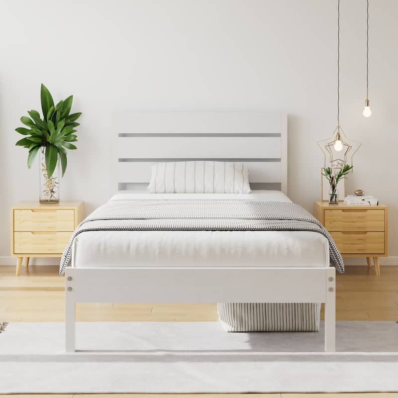 VECELO Industrial Wood Bed Frame with Headboard, Twin Size Beds/Full Size Beds/Queen Size Beds - White - Twin