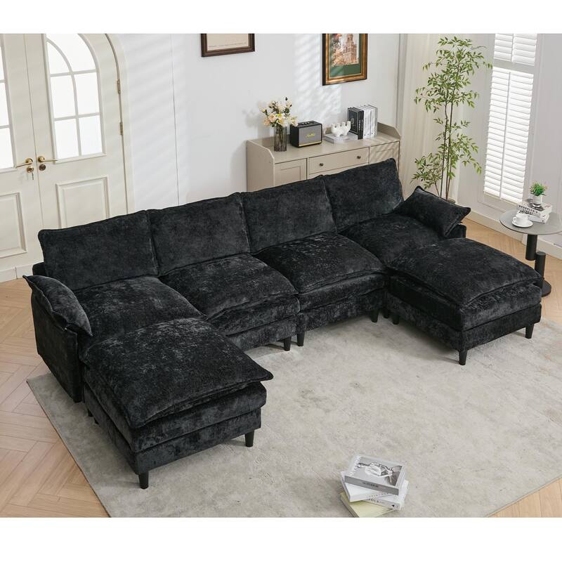 Modular 6-Seat U-Shaped Sectional Sofa with Movable Ottoman and Armrest Pillows for Living Room Apartment - Black