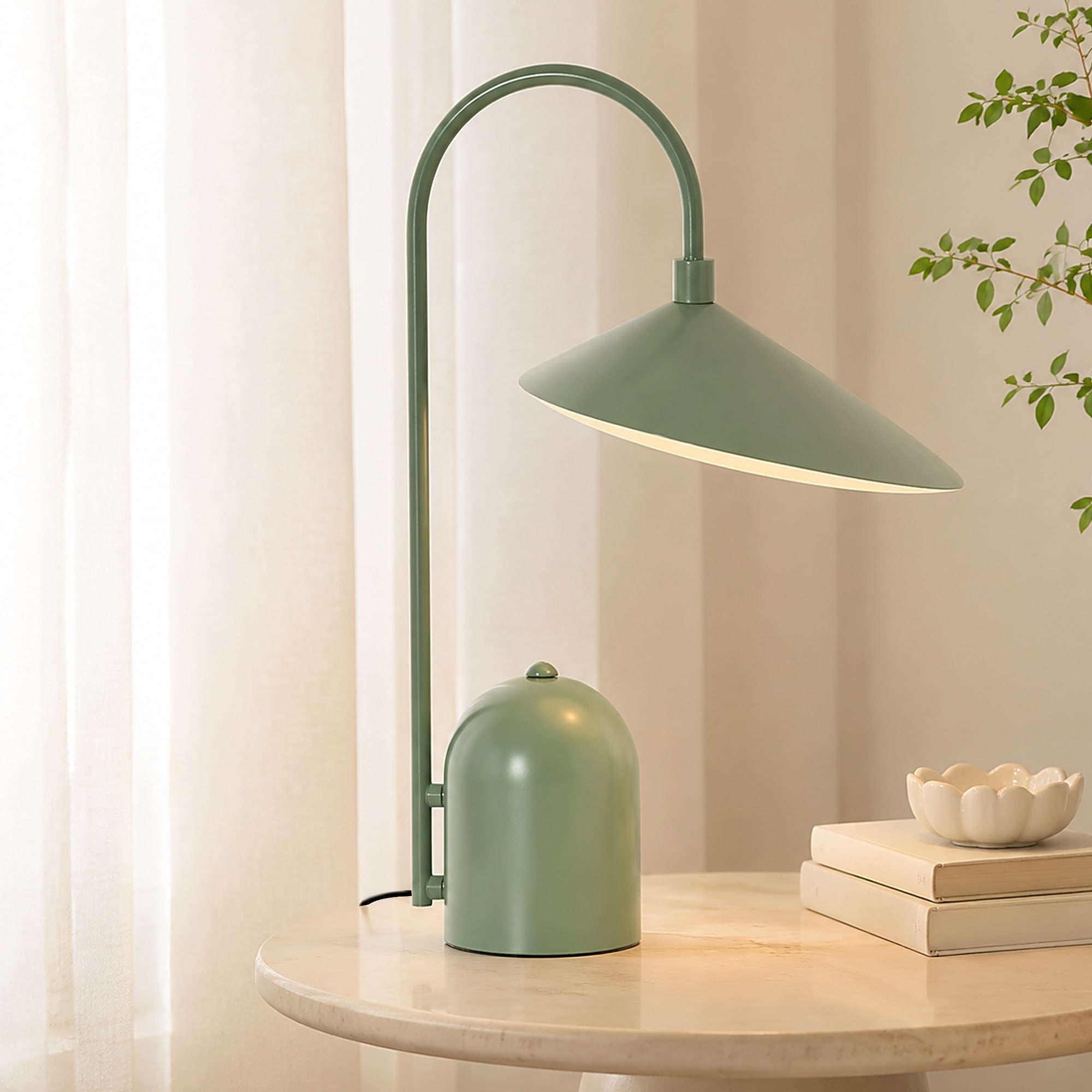 Modern Green Arched Table Lamp with Cone Metal Shade - 9.3