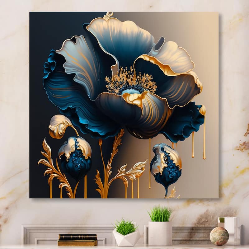 Designart 'Deep Blue And Gold Single Flower V' Floral & Botanical Canvas Wall Art