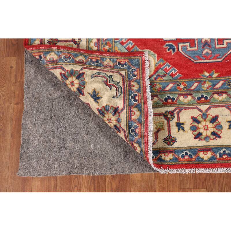 Geometric Red Kazak Area Rug Living Room Hand-Knotted Wool Carpet - 6'8" x 10'3"
