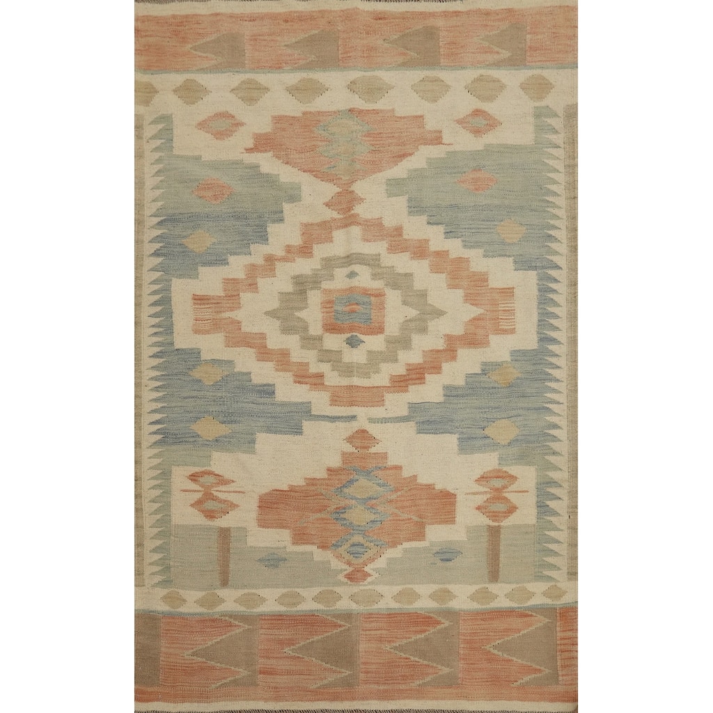 Hand Woven Oriental 100% Wool Carpet Southwestern Tribal Beige & Ivories Kilim Area Rug - 5' 9'' X 4' 0''