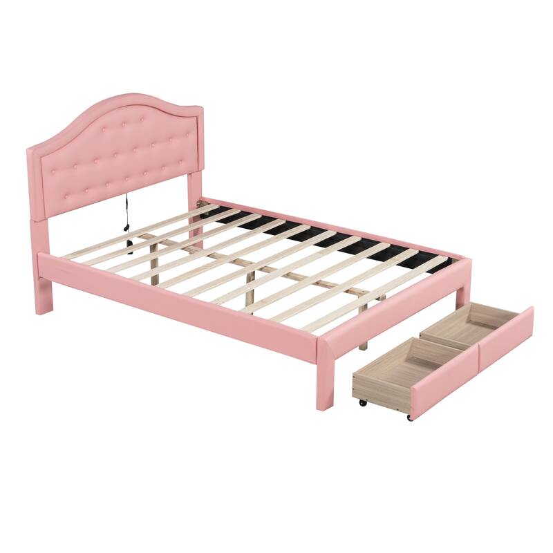 Upholstered Platform Bed with Tufted Headboard, LED and 2 Drawers, Pink