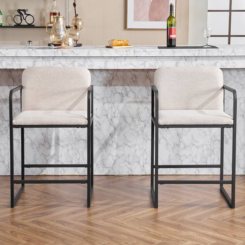 Upholstered Counter Height Bar Stool Set of 2, Armchair with Metal Frame
