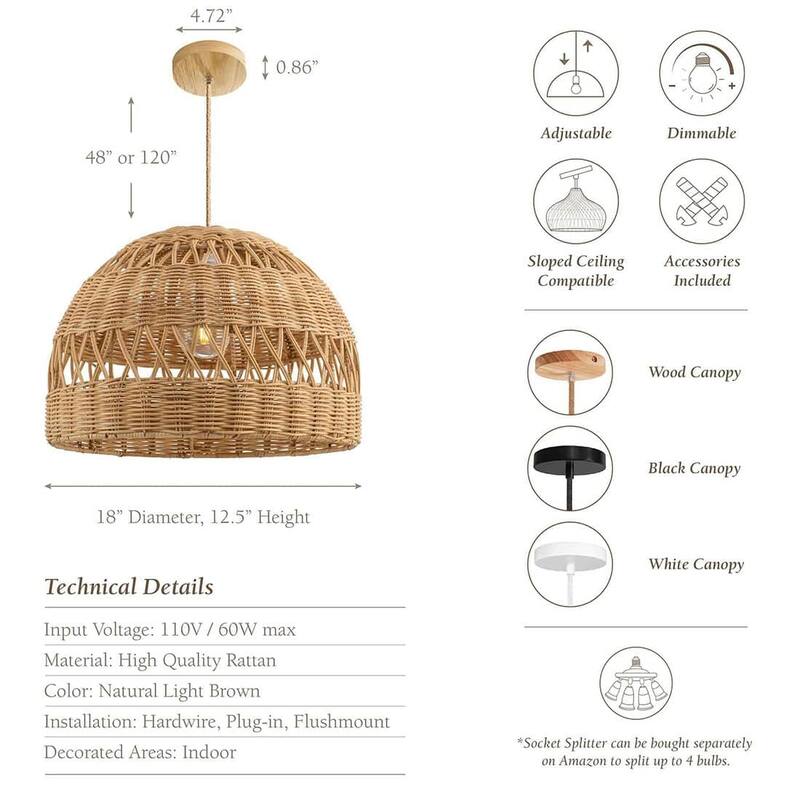Radiant - 18" Natural Rattan Dome Plug-In or Hardwired Light for Dining Room, Kitchen, or Bedroom in Boho and Coastal Style - 18'' - Brass Gold Flush Mount - Natural Brown