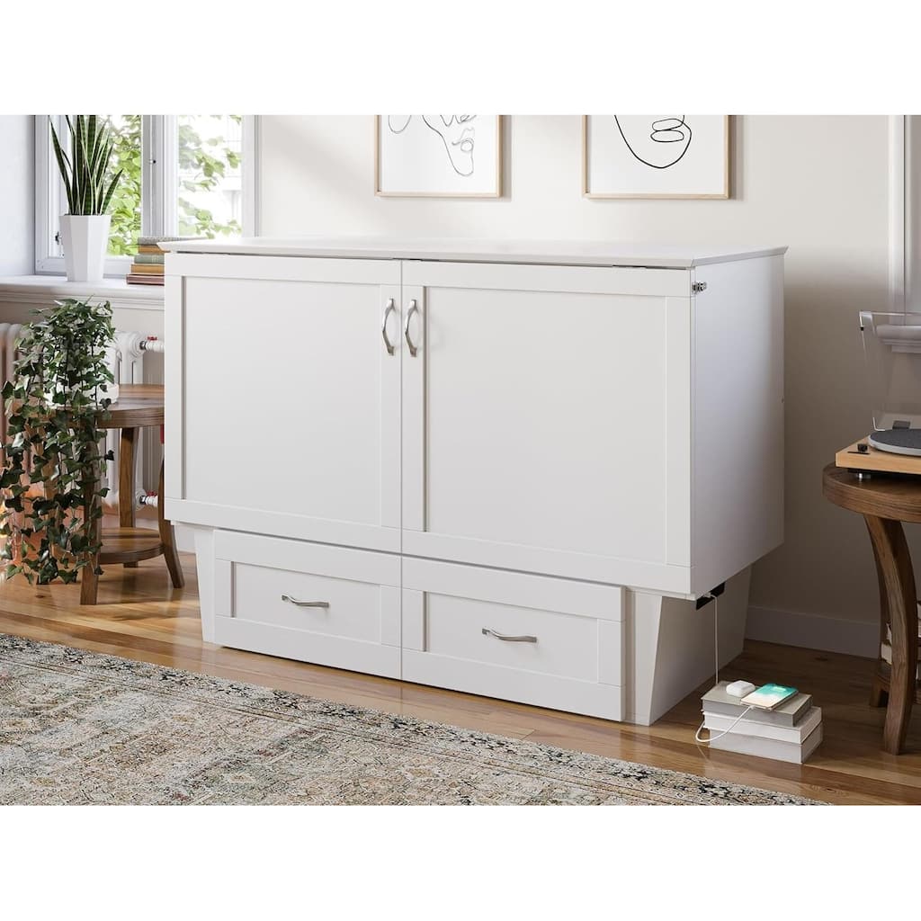 Full Murphy Bed Chest with Memory Foam Mattress, Built-In Charging Station, Storage Drawer, White Finish