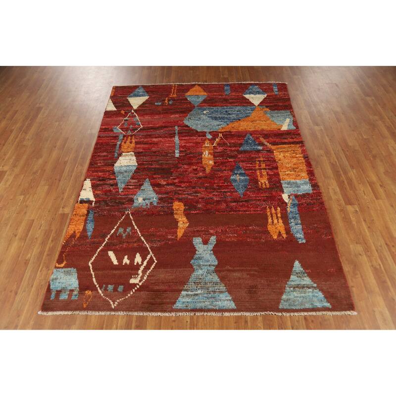 Geometric Moroccan Oriental Area Rug Handmade Red Wool Carpet - 6'4" x 8'9"