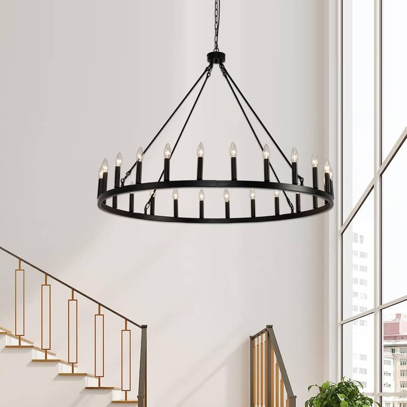 48inch Farmhouse Industrial Round Black Large Wagon Wheel Chandelier - 48 inch