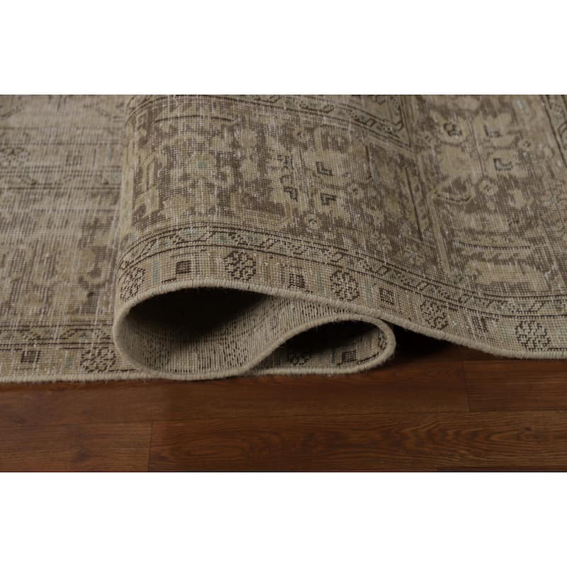 Geometric Tabriz Persian Vintage Rug Hand-Knotted Beige Wool Carpet - 9'1" x 12'4"