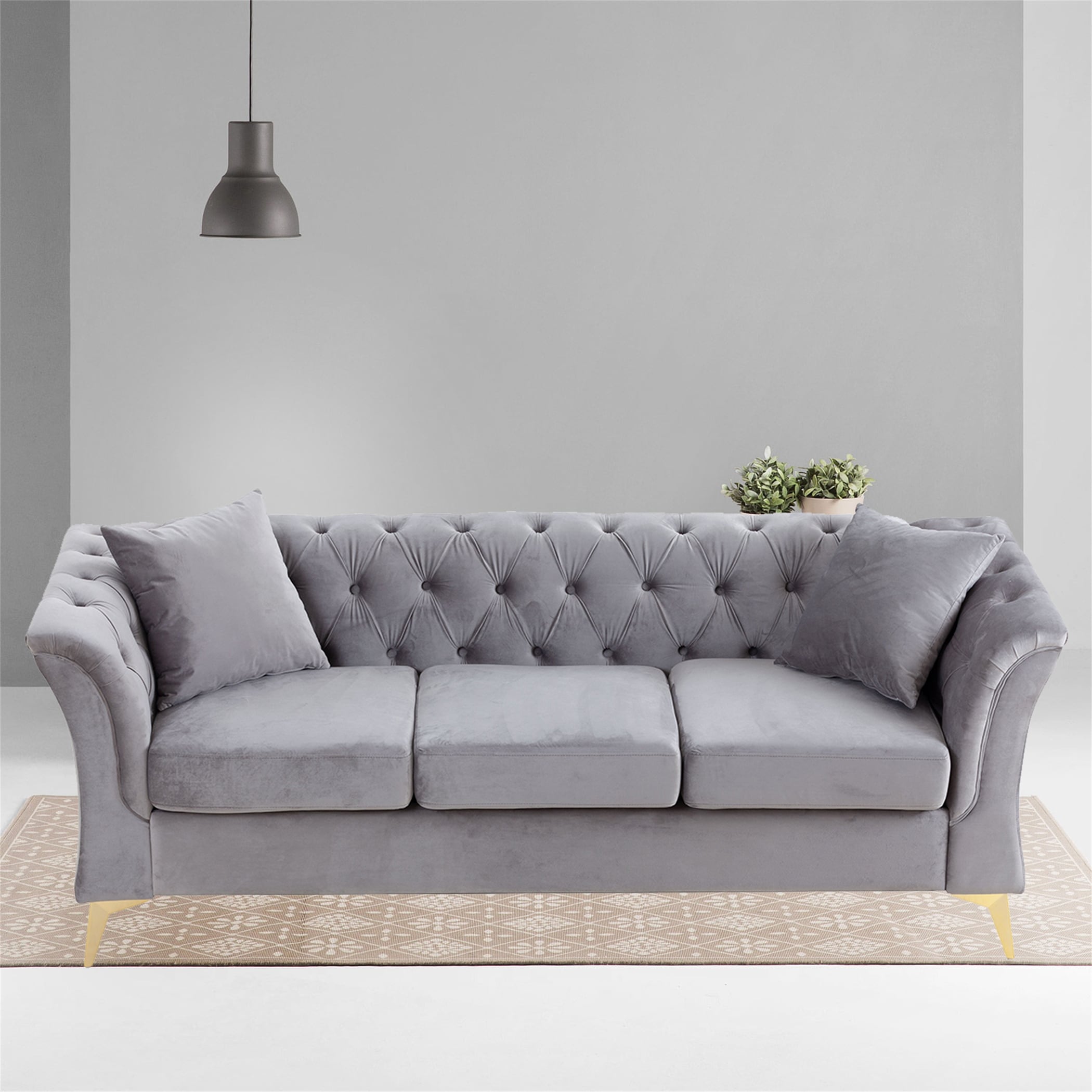 Velvet Chesterfield Curved Sofa 3 Seat Button Tufted Couch with