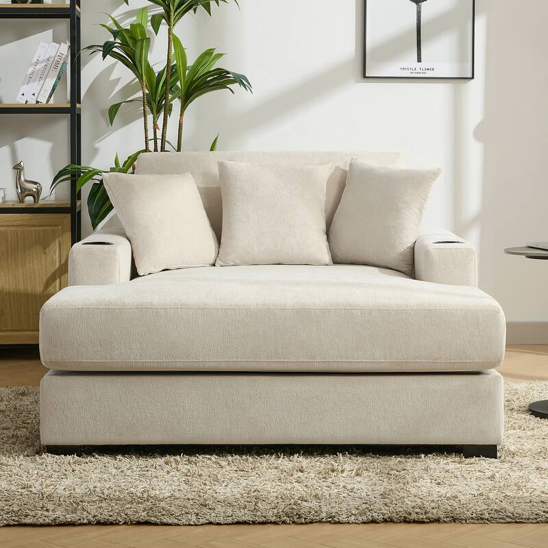 Modern Style Chaise Lounger Sofa Couch ,with Pillows, Charge Station & Cup Holders - 55" - Cream