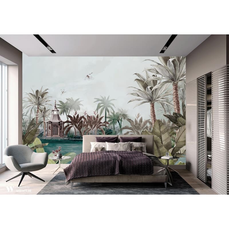 Tranquil Lakeside Pavilion Mural Tropical Palms Black Swan