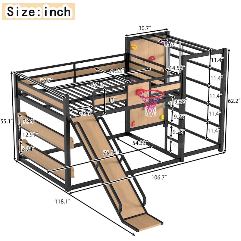 Full/Twin Metal Loft Bed with Basketball Hoop, Climbing Wall & Slide