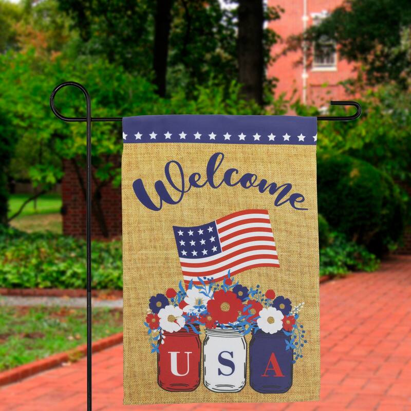 Floral Mason Jars "Welcome" Usa Flag Patriotic Garden Flag 18" x 12.5"