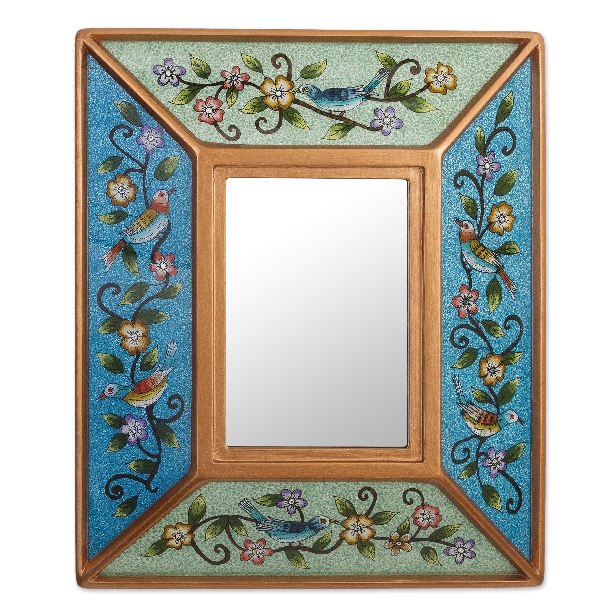 Novica Handmade Birdsong In Blue And Green Reverse-Painted Glass Wall Mirror